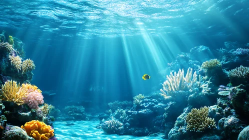 Sunlit coral reef glows beneath clear tropical ocean waters.