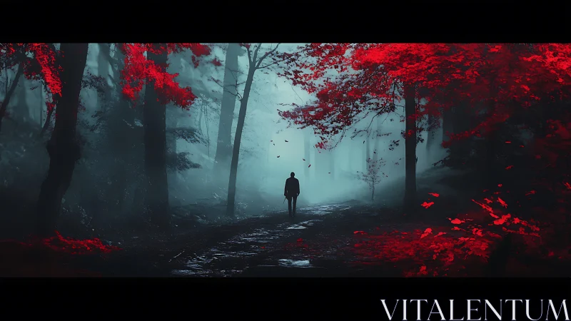 Solitary silhouette in misty forest with saturated red foliage.