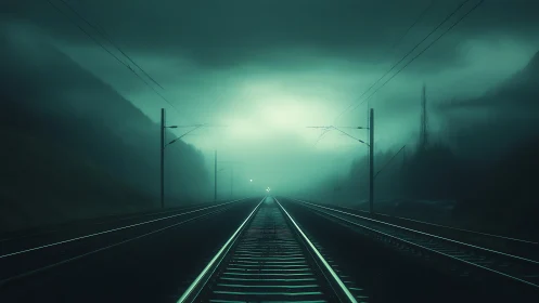 Electrified railway in dense teal fog with distant headlight