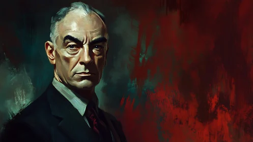 Stern older man in suit faces viewer against abstract backdrop