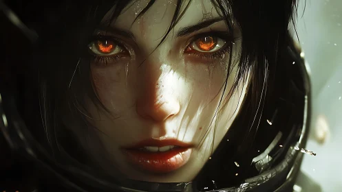 Woman with glowing orange eyes stares directly at viewer