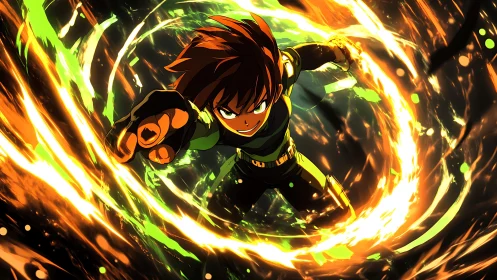 Radial energy vortex around airborne anime combatant.