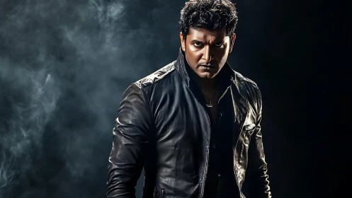 Smoldering vigilante strides from smoke in noir leather.