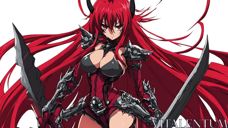 Red armored anime warrior with twin blades, intense stare.