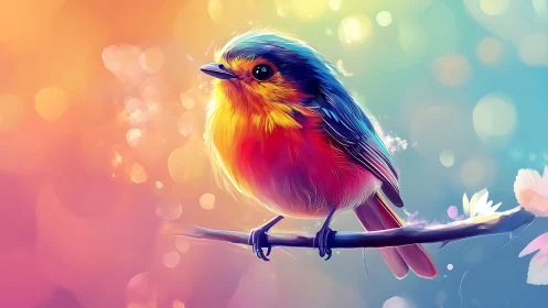Vibrant digital painting of colorful songbird on branch.