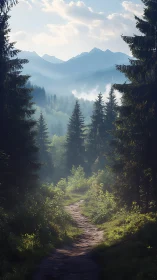 Misty Mountain Path Through Towering Evergreens
