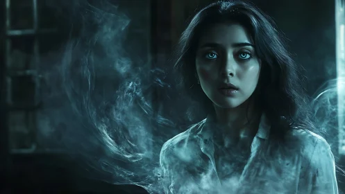 Ethereal blue eyed woman in volumetric smoke, low key lighting