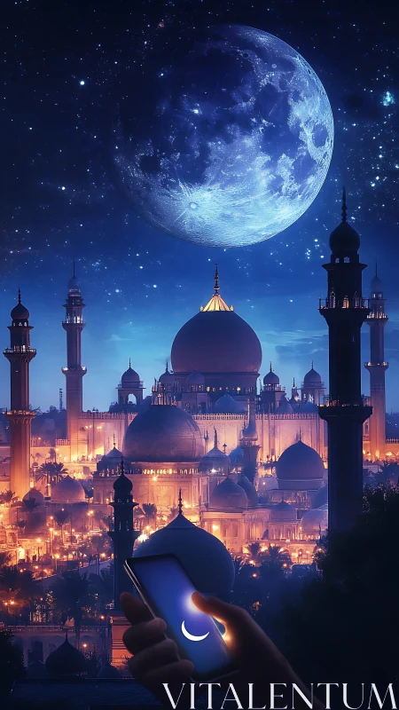 Large moon dominates night skyline above illuminated domed mosque city