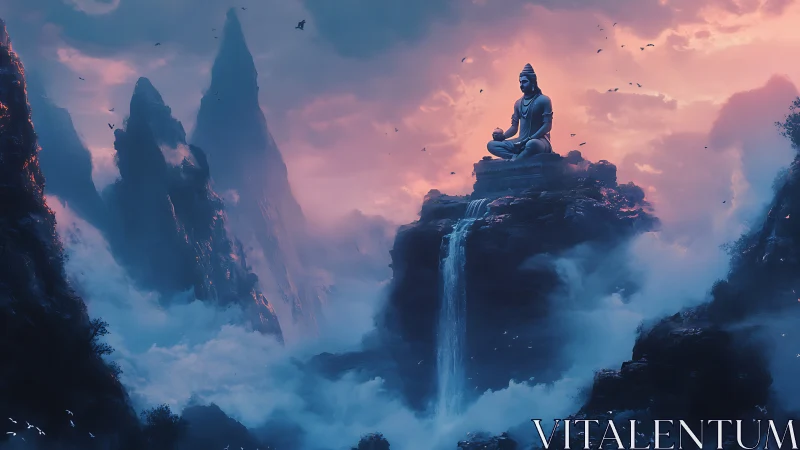 Mystic mountain deity above cascading twilight waterfalls.