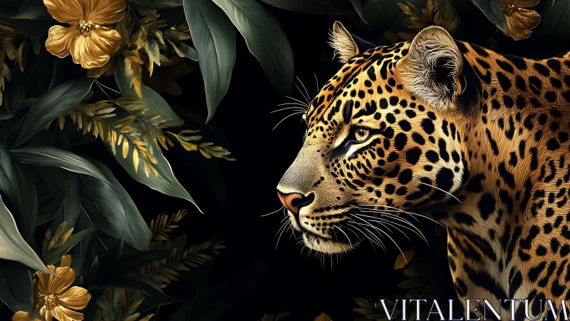 Leopard portrait rendered with high-detail foliage on black ground