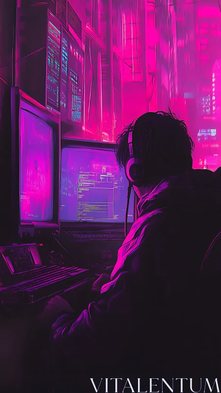 Cyberpunk coder at neon workstation with glowing monitors.