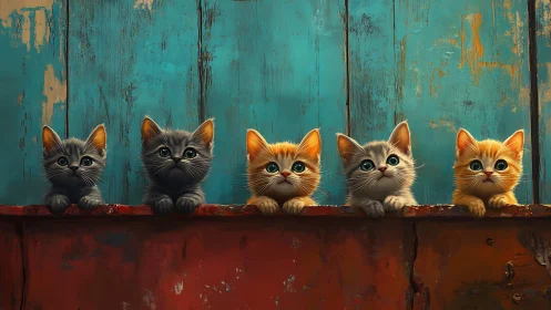Five kittens positioned on weathered wooden platform.