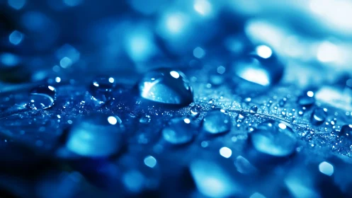 Macro water droplets on blue surface with soft bokeh.