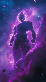 Purple energy warrior silhouette in cosmic storm glow.