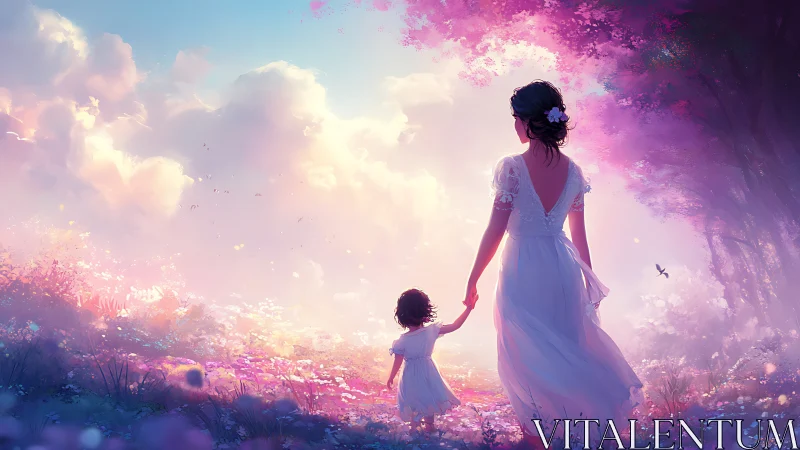 Mother and child walk through a dreamy pastel blossom meadow
