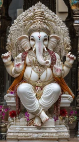 Polychrome marble Ganesha murti with ornate carved throne