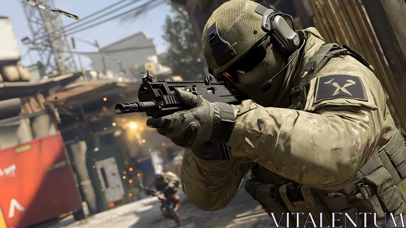 Tactical soldier aiming rifle in dense urban combat zone.