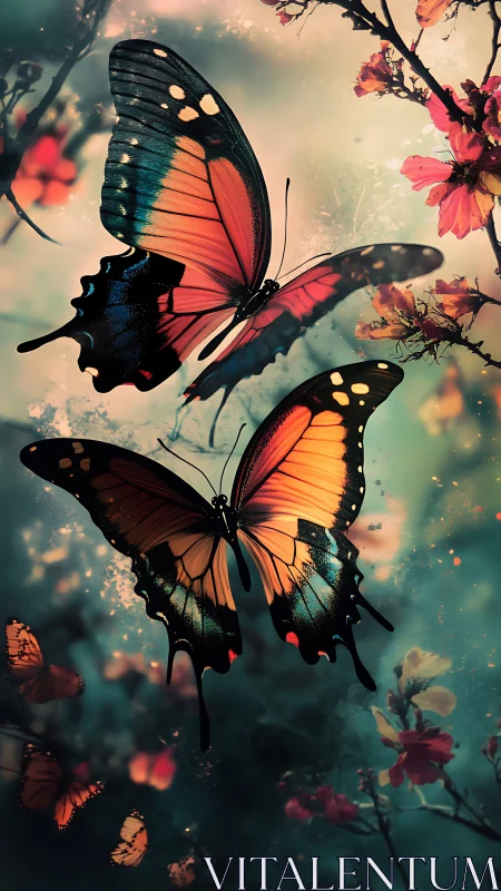 Colorful butterflies in dreamy teal and coral garden scene.