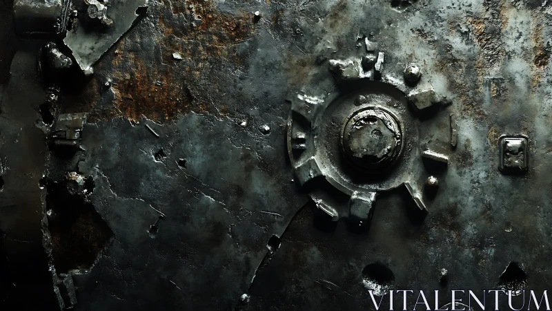 Corroded metal surface with worn circular gear detail.