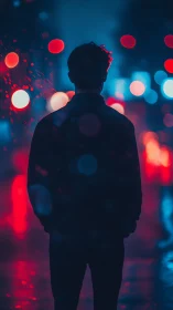 Silhouetted figure in neon bokeh rain on cyberlit city street.