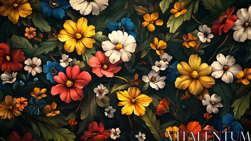 Vibrant Floral Pattern on Dark Background.