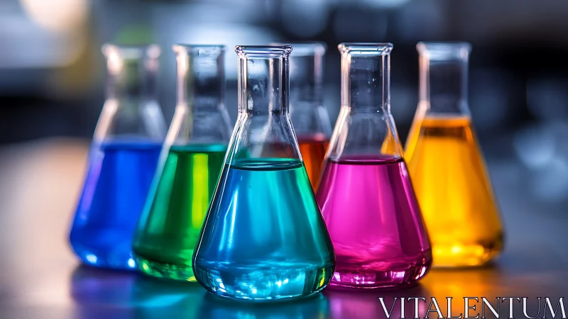 Row of Erlenmeyer flasks with saturated multicolor chemical solutions