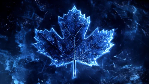 Glowing blue maple leaf silhouette on dark abstract field.