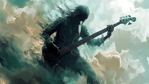 Ethereal bassist dissolving into swirling storm clouds.
