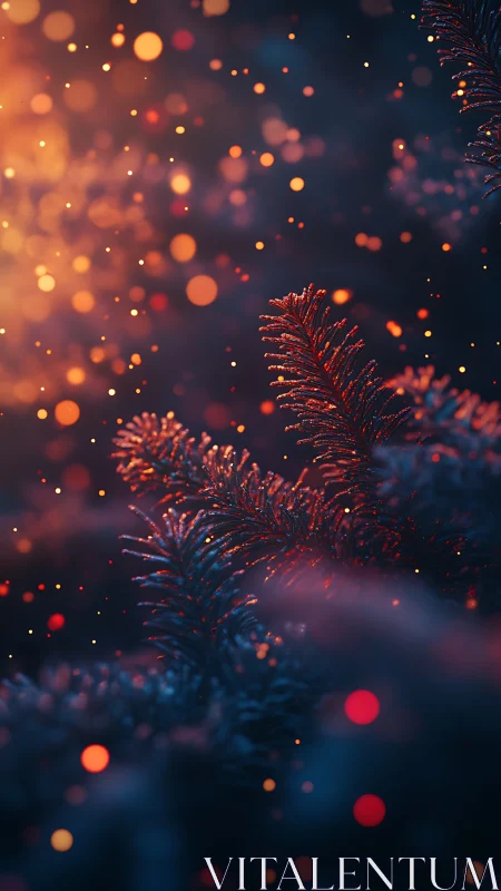 Fir needles in shallow focus under warm bokeh illumination