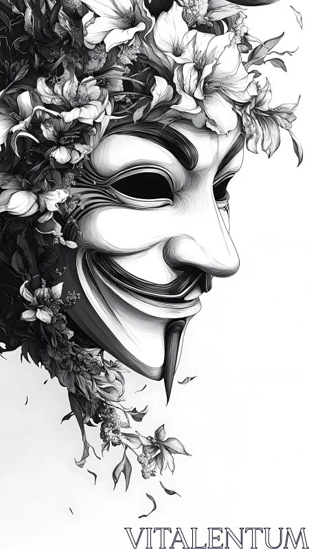 Floral whispers curl around a masked grin in monochrome bloom