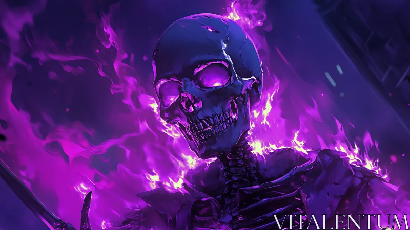 Flaming skeletal figure stands engulfed in vivid purple fire