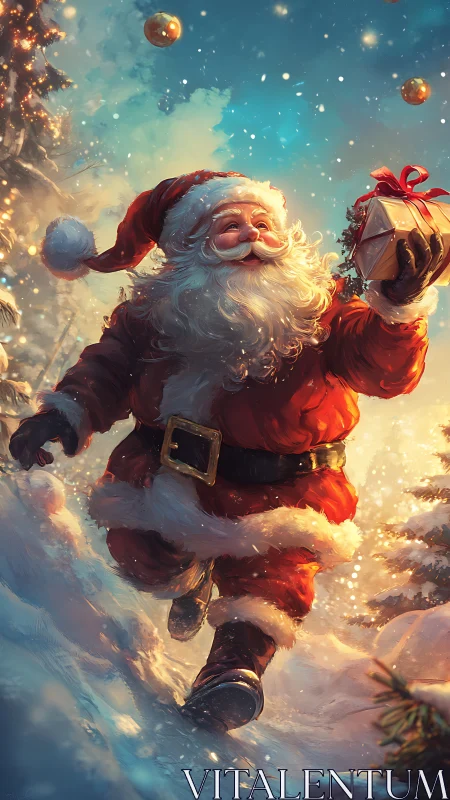 Joyful Santa dashes through sparkling snow with a gift.