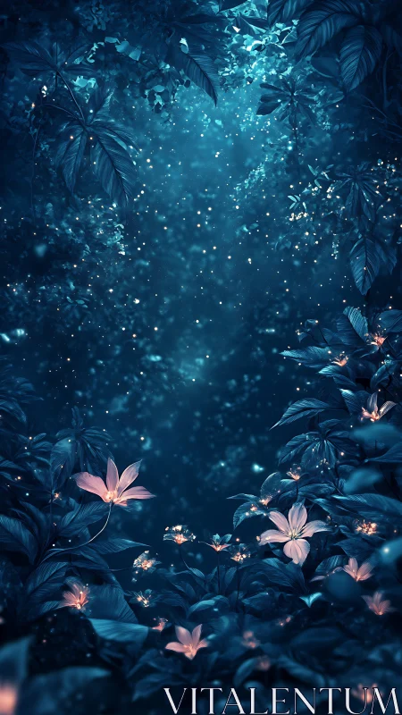 Glowing flowers illuminate dense blue foliage in dark forest