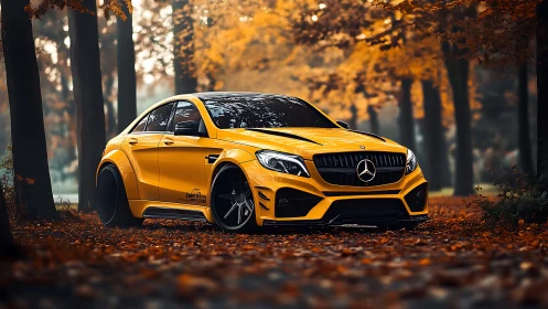 Yellow Mercedes sedan in autumn forest setting at ground level.