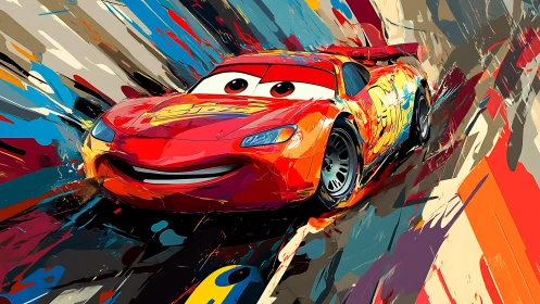 Red cartoon race car speeds through abstract painted track