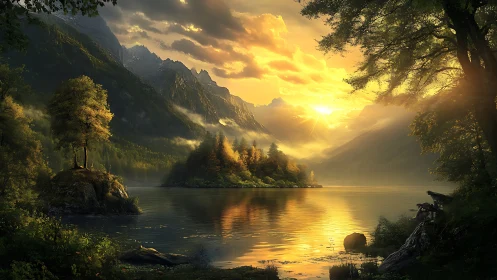 Golden sunset illuminates misty alpine lake and forest island