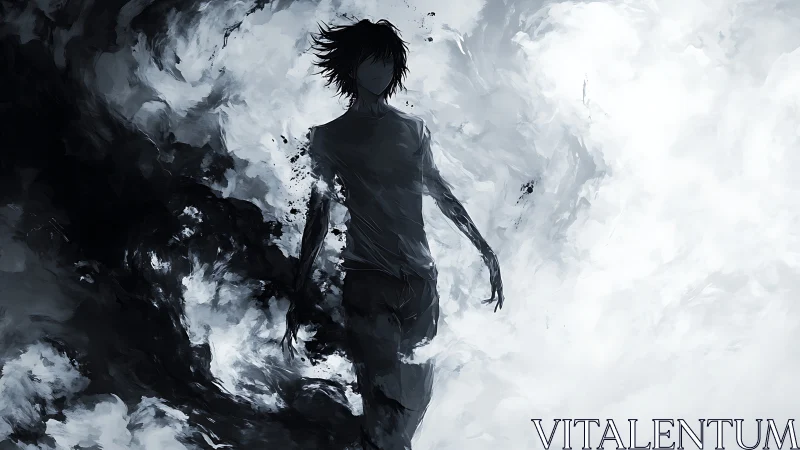 Silhouetted figure stands between dark smoke and bright mist