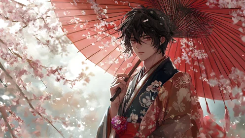 Young man in floral kimono under red umbrella in blossoms.
