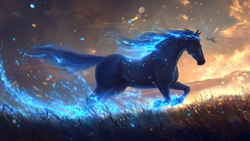 Starlit spirit horse gallops through glowing evening fields