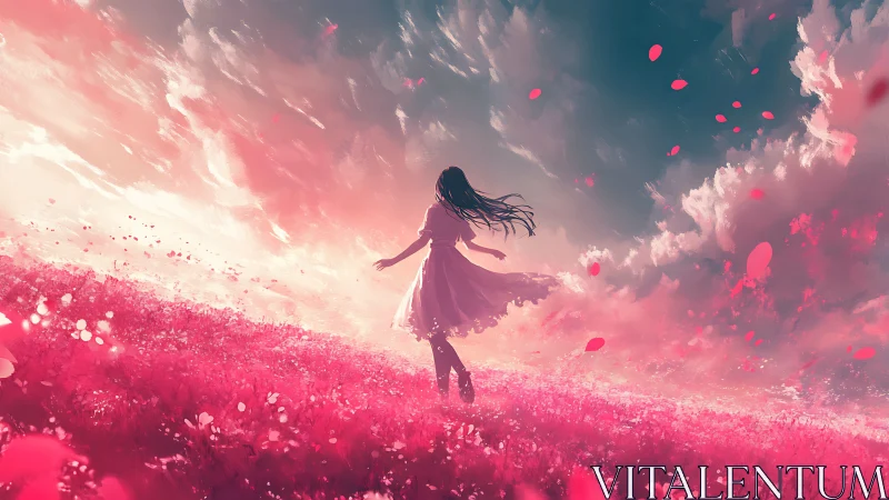 Girl twirls in a storm of rose petals and dream-bright sky.
