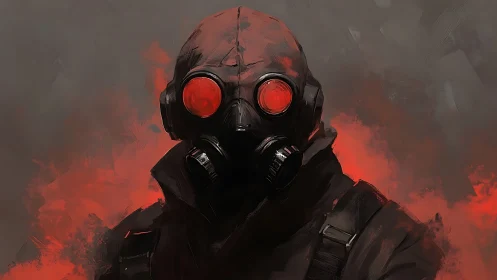 Masked figure in gas mask with red glowing lenses stands still.