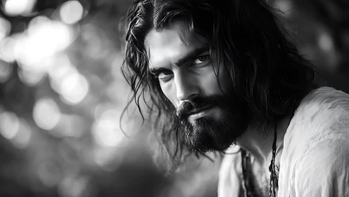 Intense bearded man in moody black and white portrait.