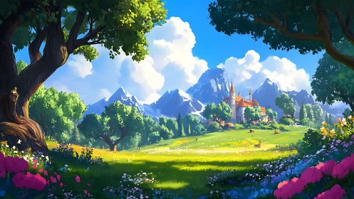 Castle landscape stands in sunlit valley beneath mountains