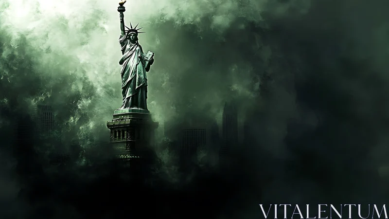 Liberty’s lone torch cuts emerald gloom above drowned city