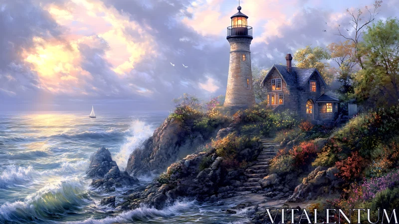 Sunlit coastal lighthouse with turbulent surf and illuminated cottage