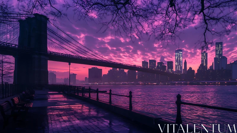 Brooklyn Bridge frames neon violet Manhattan dusk skyline.