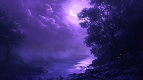 Moonlit violet river glows beneath dense storm clouds.