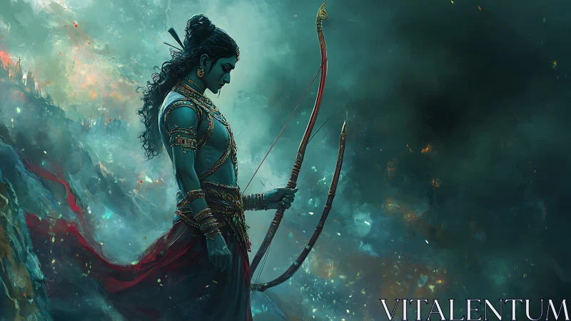 Mythic archer profile amid teal atmospheric haze and embers