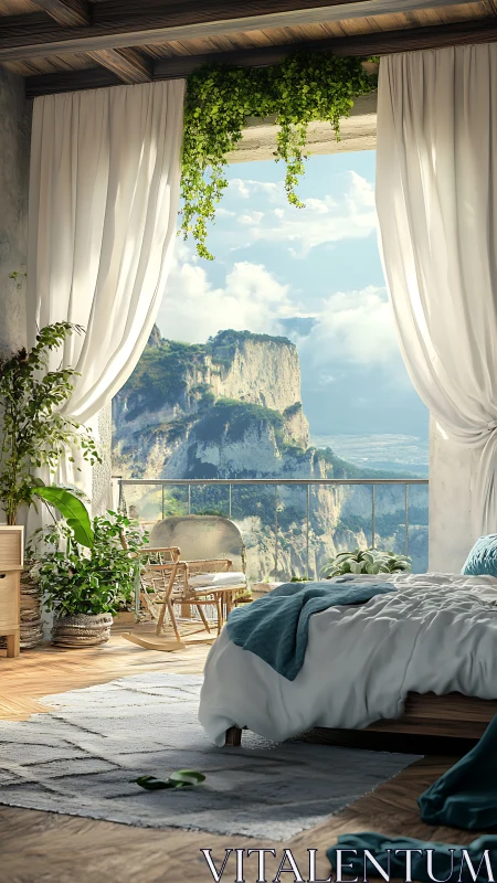 Sunlit zen bedroom opening onto dramatic cliff vista.