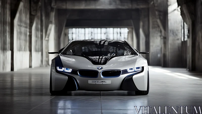 Futuristic white BMW sports car in empty industrial hall.